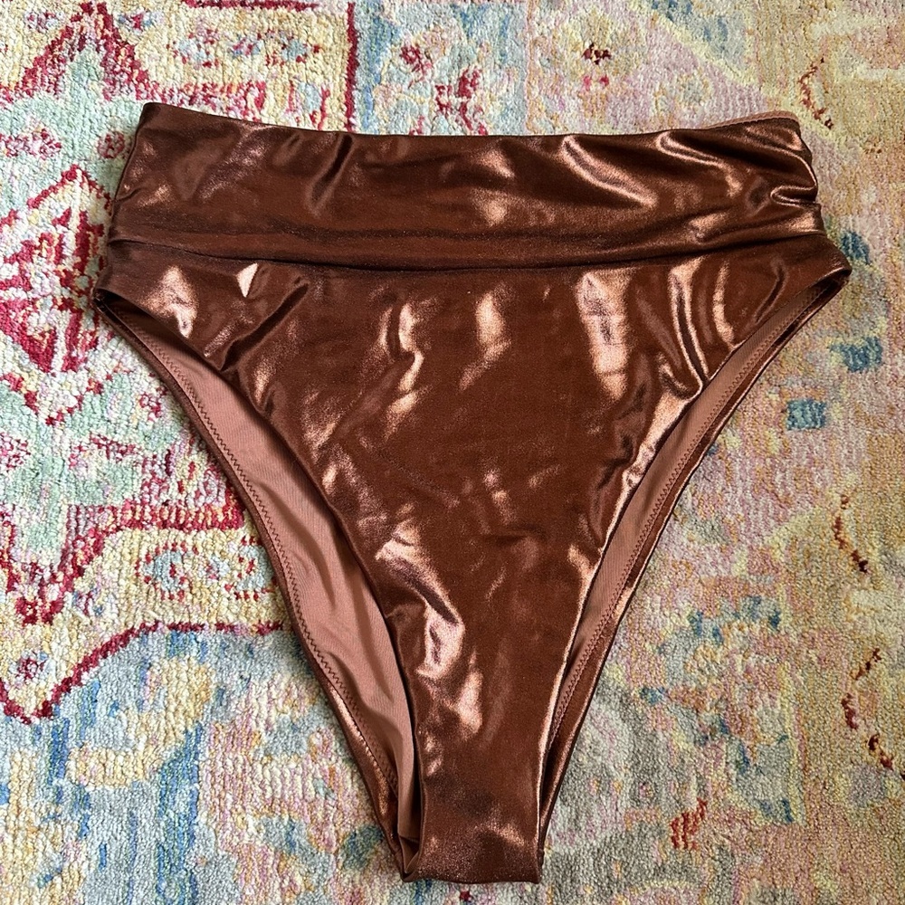 Aerie High Waisted High Cut Cheeky Metallic Brown Bikini Bottoms